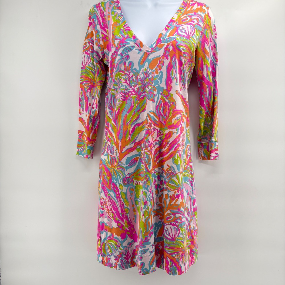 Lilly Pulitzer Pink Orange‎ Coral Floral V-Neck Pima Cotton Shift Dress Small